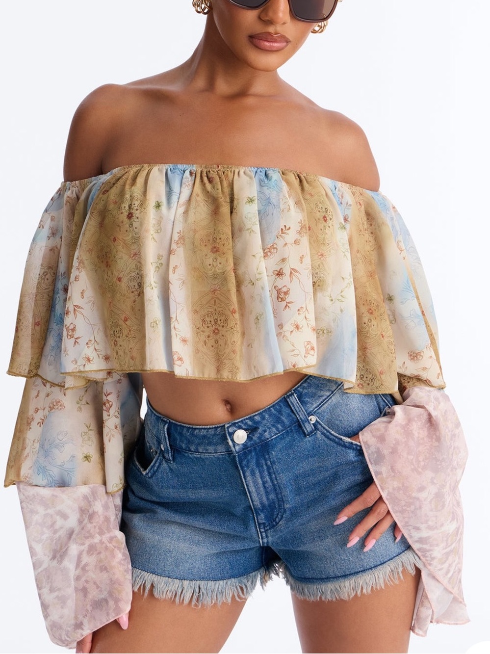 Off-Shoulder Ruffle Chiffon Crop Top - Pastel Multi